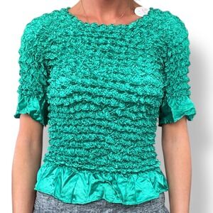 F.C OS Emerald Green Popcorn Textured Short Sleeves Ruffle Trim Y2K Bubble Shirt